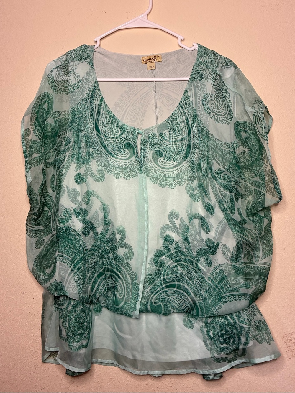 One World 1X Women's Plus Size Green Sheer Chiffon Paisley Top Boho Bohemian